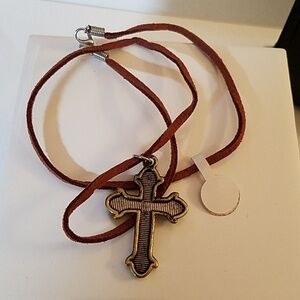 Vegan Suede Necklace 18" Brown Cross